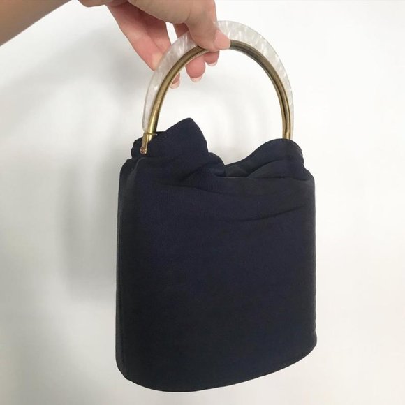 1950s Navy Bucket Bag with Mother of Pearl Handle